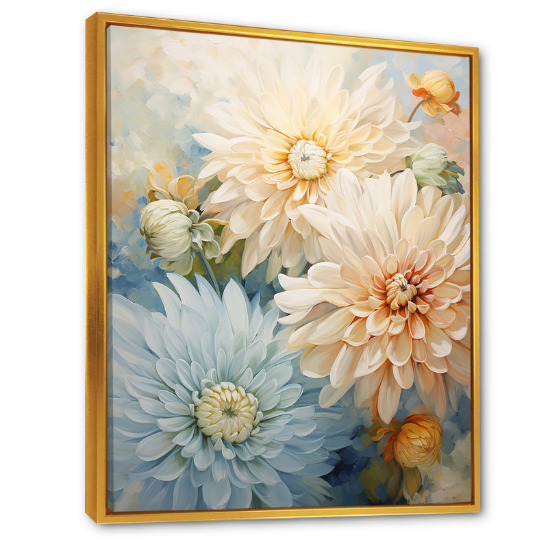 «Blooming White Mums» sur fond bleu I sur toile, Cadre flottant doré, H 44 po x l 34 po x P 1,5 po