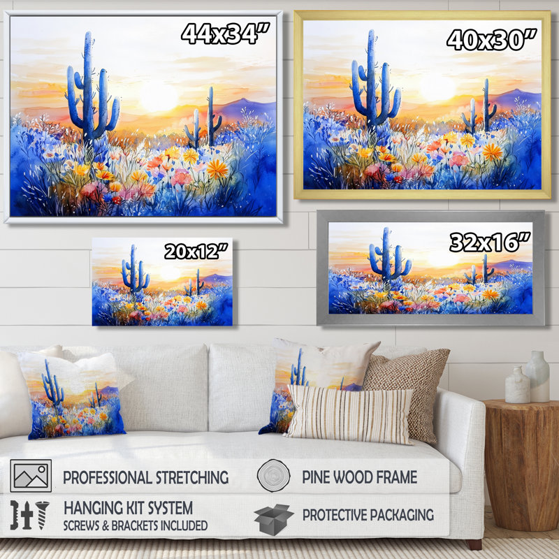 Cactus désert au coucher du soleil - impression murale de cactus floral, H 34 po x l 44 po, Cadre flottant sans passe-partout
