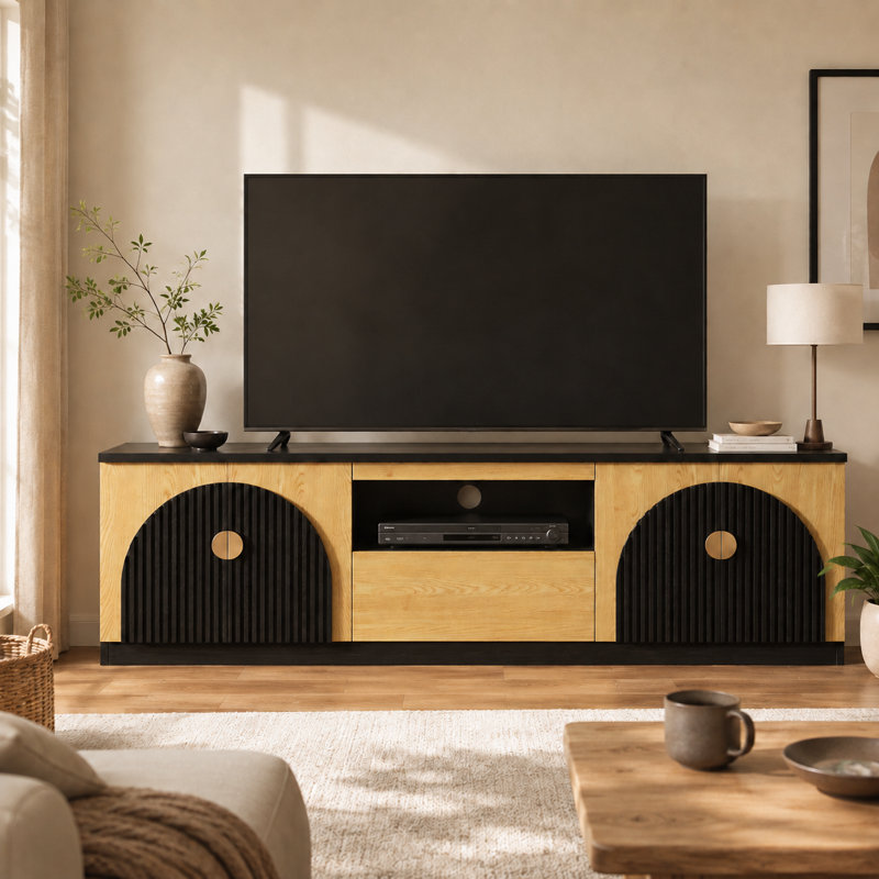Meuble télé 70,87 po style Mid-Century moderne en chêne et cannelé noir pour téléviseurs de 80 po ou moins