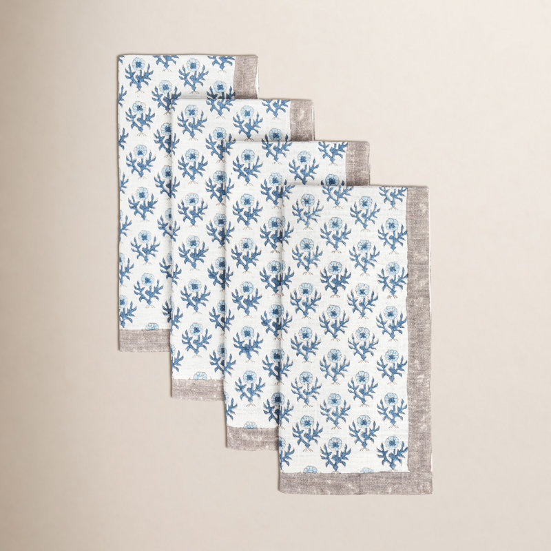 over&back Hand-Blocked Napkins, Set of 4, Blue Bloom
