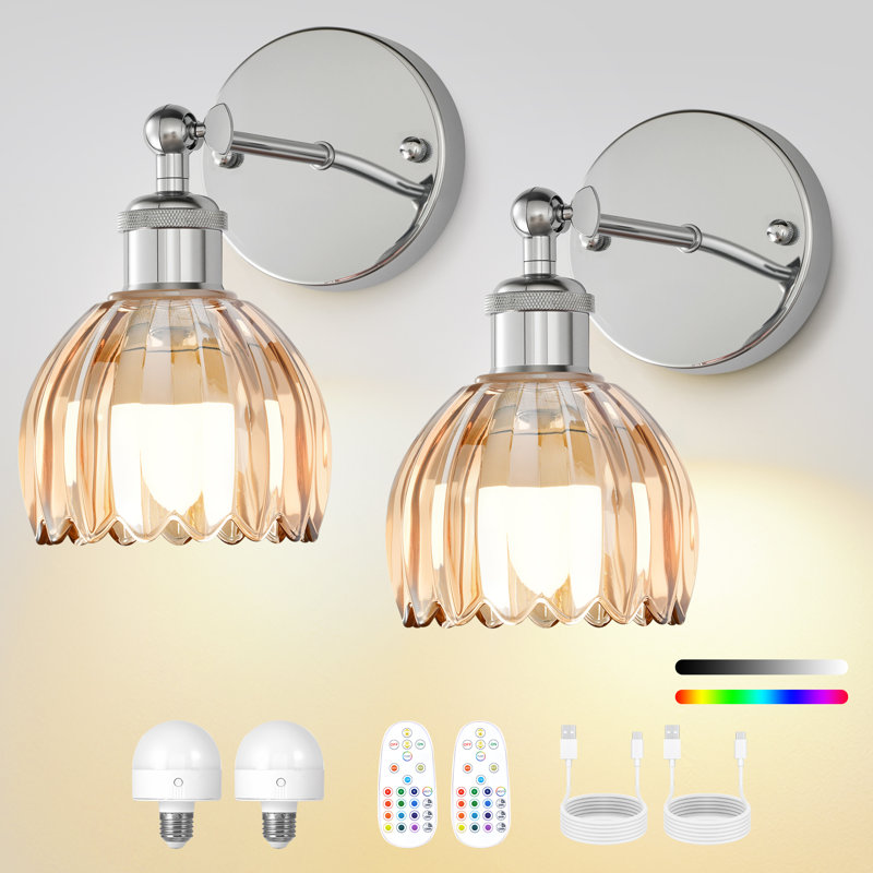 Battery Operated Tulip Wall Sconce Set Of 2 With Remote & Bulb, Dimmable Wireless Rechargeable Wall Lights (3 Color Temp & 12 Rgb) For Bedroom Living Room Hallway
