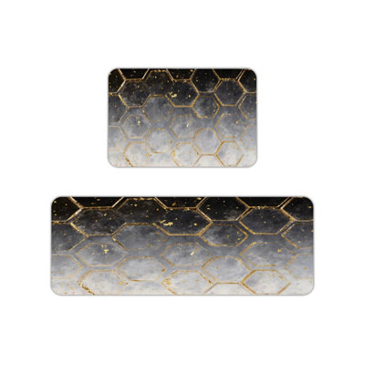 Gold Hexagon Marble Print Kitchen Mats for Kitchen & Modern Decor, Black Grey 2 Pcs
