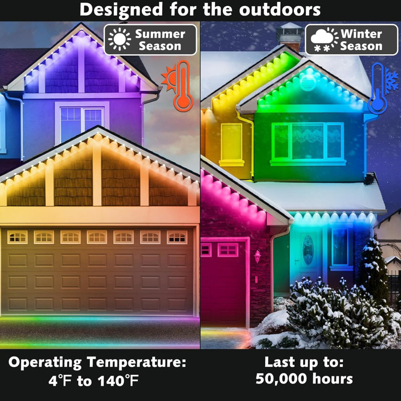 200 lumières RVB d'extérieur fixes de 200 pi, lumières Eaves intelligentes étanches avec application / télécommande, pour Noël et toutes les décorations des Fêtes, éclairage quotidien et décoratif, éclairage de toit et de jardin
