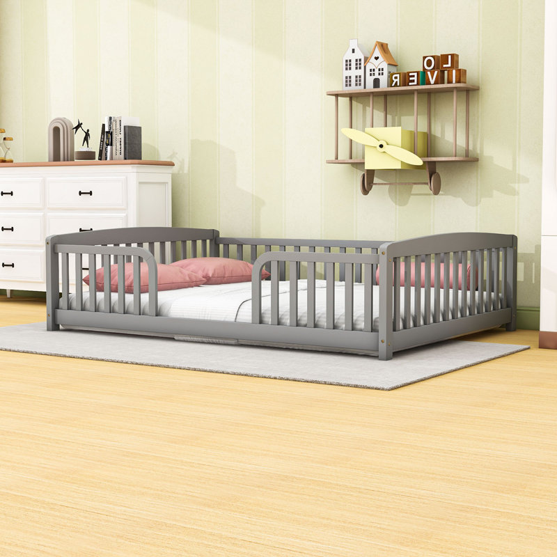 Modern Wood Floor Bed with Guardrails, Grey, Full