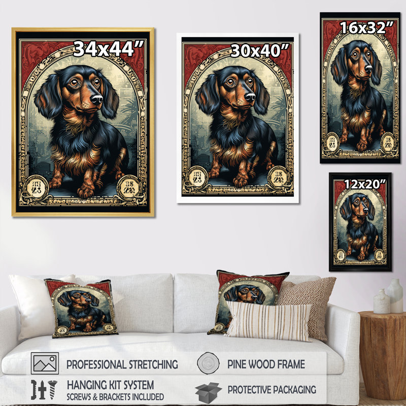 Illustration rétro du timbre de teckel mignon sur toile, Toile tendue, H 44 po x l 34 po x P 1,5 po