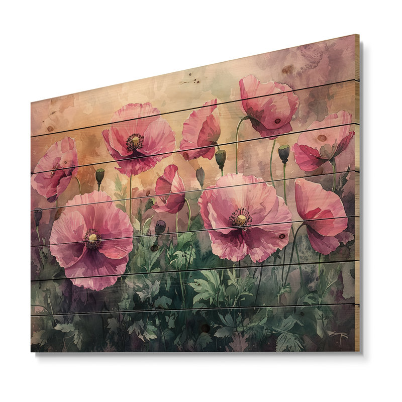 Printemps, coquelicots roses, horizon écarlate II - coquelicots, art mural sur bois de pin naturel