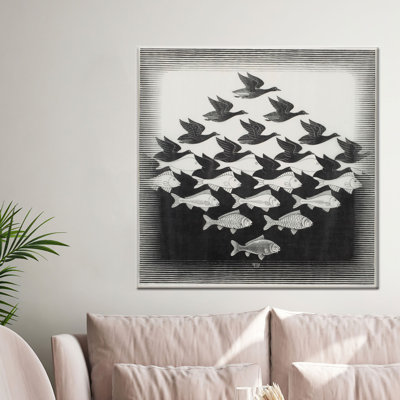 «Escher Sky and Water», art mural noir et blanc, toile tendue 1P