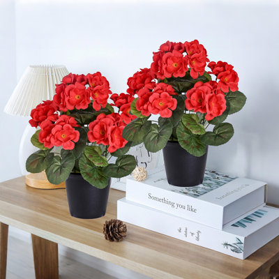 2 pots de fleurs artificielles pour l'extérieur, géraniums artificiels en plastique, plante artificielle pour l'extérieur