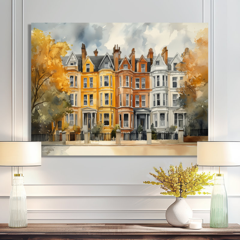 Georgian Row in Quiet Light I - Beige, reproduction d'art murale architecturale en métal, L 32 po x H 16 po