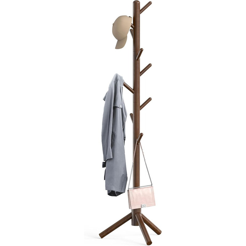 Wooden Freestanding Coat Rack with 9 Hooks, Adjustable Height, Walnut Finish, Space-Saving Hall Tree