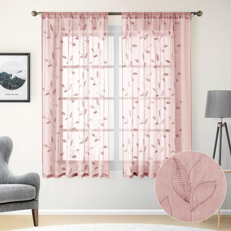 Curtains 2 Panels Embroidered Leaf Pattern Pocket Faux Linen Floral Semi Sheer Voile Window Curtains Drapes For Bedroom Living Room