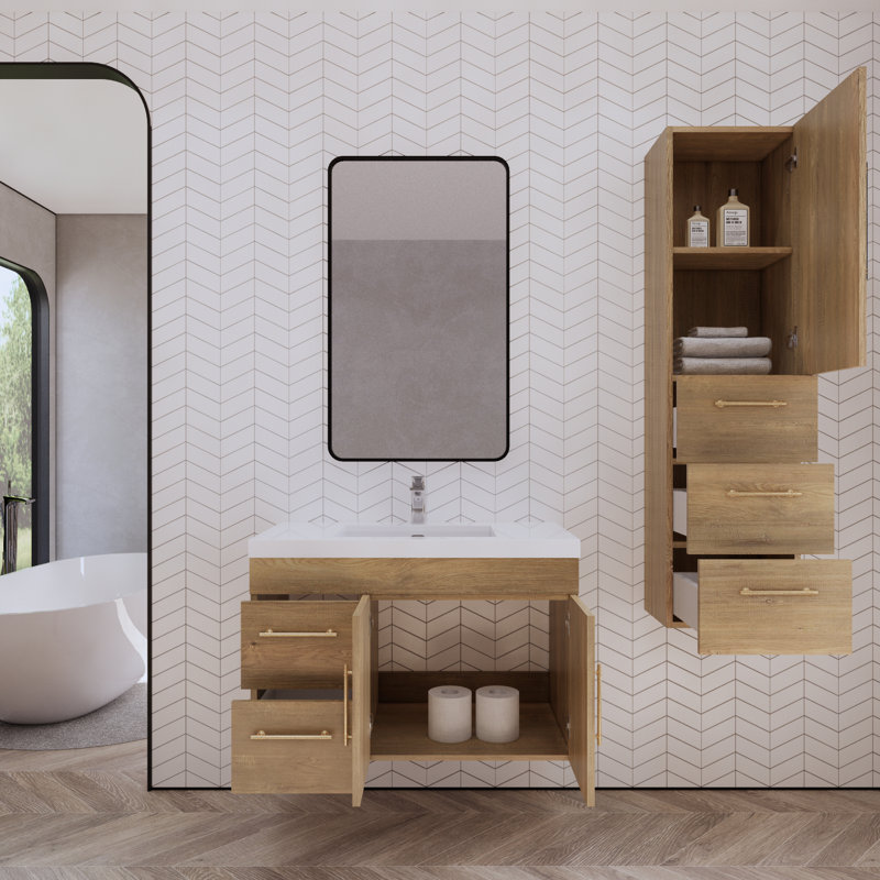 Hebersham 35.44'' Single Bathroom Vanity with Acrylic Top, Oak