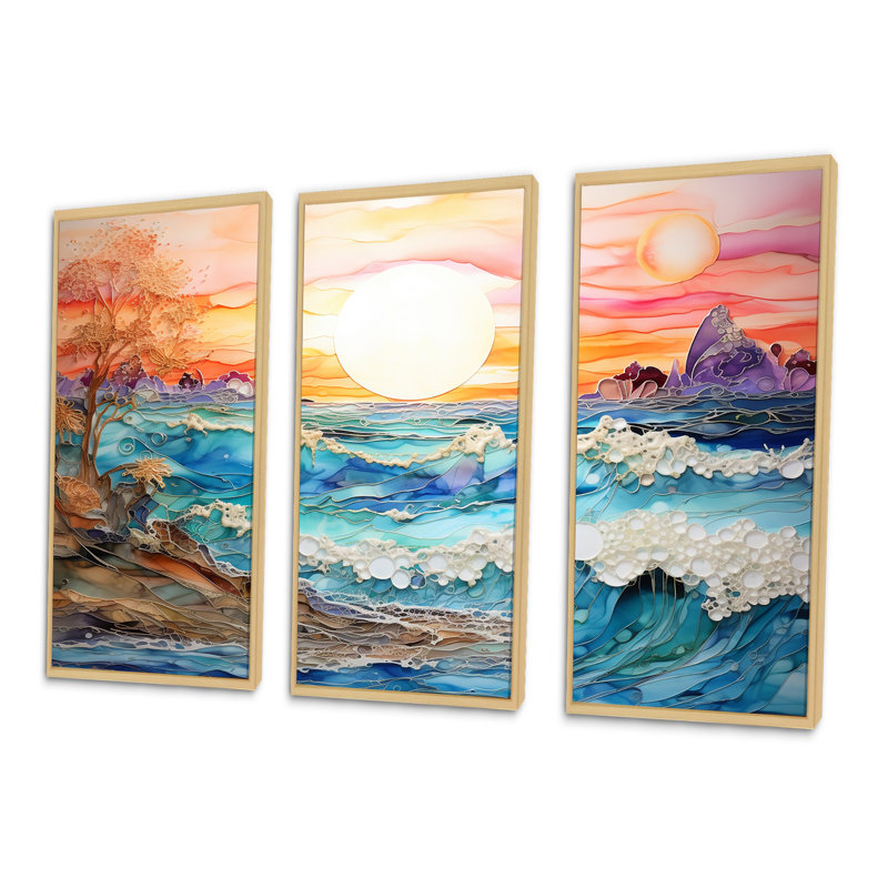 Ensemble de salon Rainbow Ocean Sunrise - art mural océan, Cadre naturel flottant, H 40 po x l 60 po x P 1 po