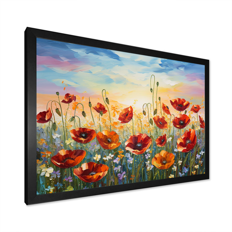 Coquelicots rouges en fleurs - impression, H 12 po x l 20 po x P 1 po, Cadre simple noir
