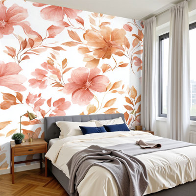 Papier peint auto-adhésif à peler et à coller, aquarelle, floral, rose, pêche, feuilles, H 100 po x l 144 po, papier mural amovible en PVC pour chambre à coucher, bureau à domicile