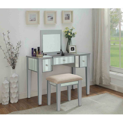 Transitional Style  1Pc Vanity W/ Stool Set Core Design Storage Drawers Central Mirror Padded Stool Silver Finish Bedroom Furniture