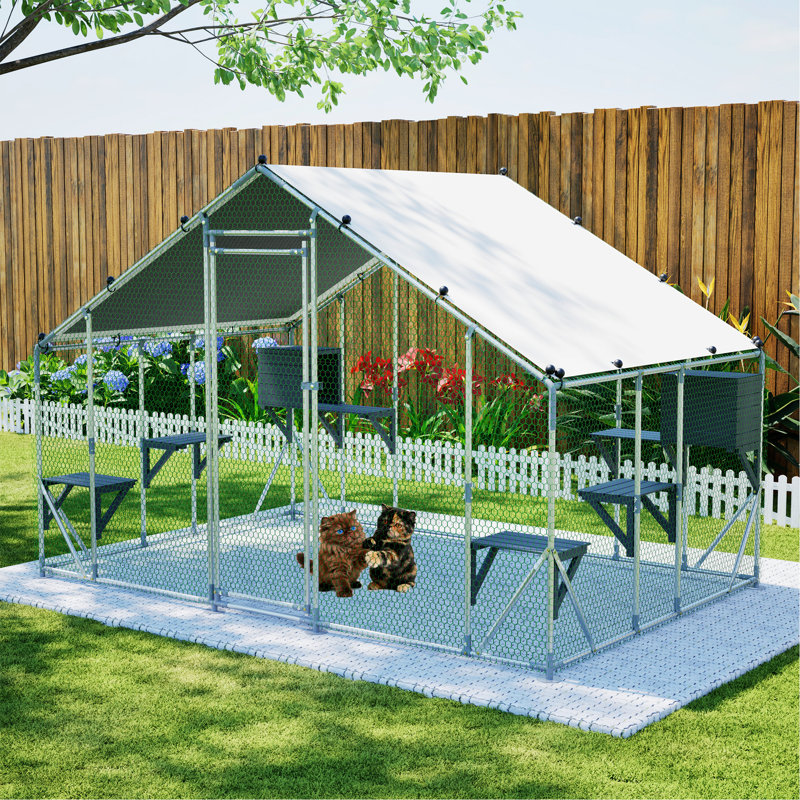 Cage d'extérieur pour chat en métal avec verrou de sécurité, bâche imperméable, H 80 po x l 122,2 po x P 80,6 po