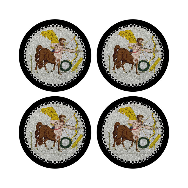 Zodiac Sagittarius Black Vegan Leather Round Coasters, Black