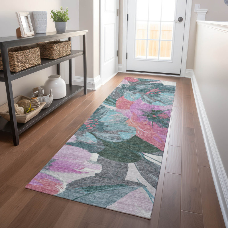 Machine Washable Indoor/Outdoor Claudian ACN1492 Teal Rug, Runner 2'3" x 7'6"
