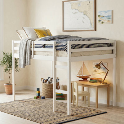 Lit mezzanine double en bois d'hévéa avec échelle, blanc