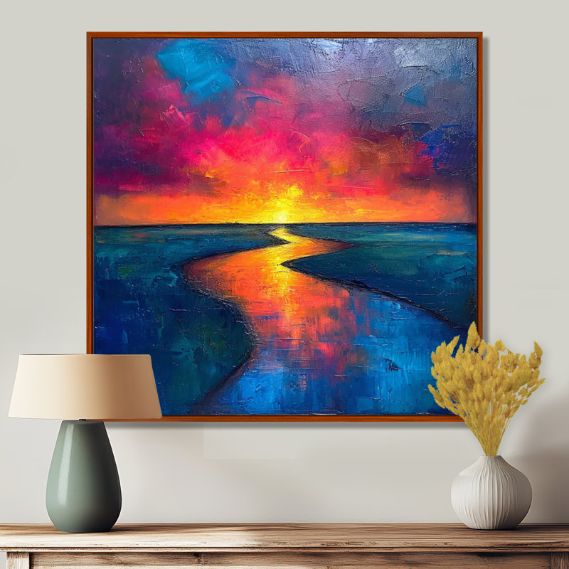 Coucher de soleil jaune sur la rivière bleue, Toile avec cadre flottant brun, H 16 po x l 16 po x P 1 po