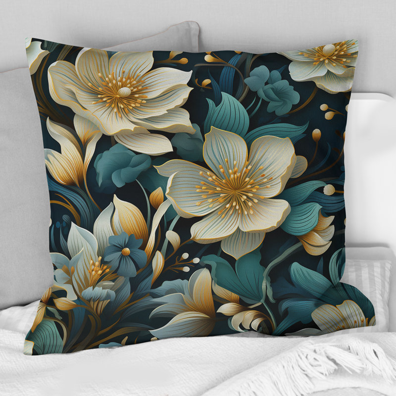Coussin décoratif imprimé de fleurs vertes et beiges I, H 18 po x l 18 po
