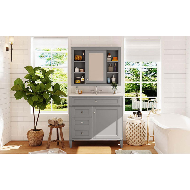 Ensemble de meuble-lavabo moderne avec porte, 3 tiroirs et armoire à pharmacie Modern, Gris