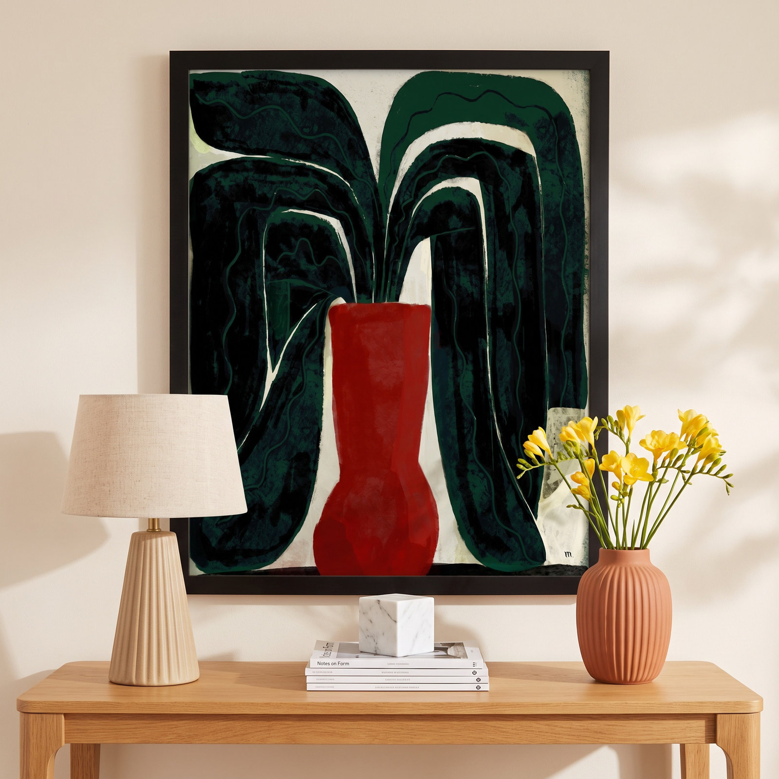 Adrianne "Plant No. 8" Painting, 20" H x 16" W x 1.25" D, Black