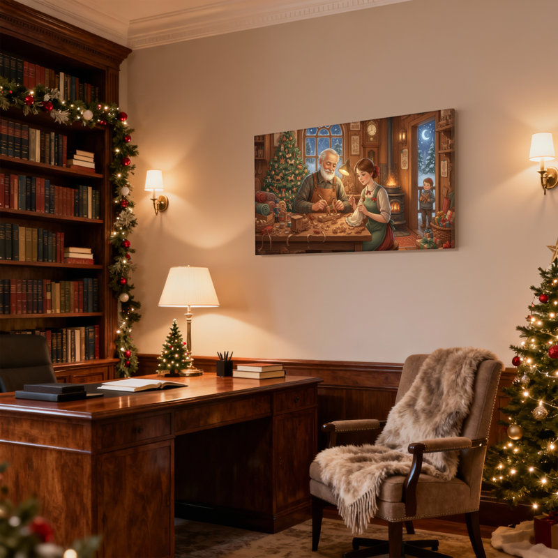 Scène d'atelier de Noël avec famille, ensemble de 3 impressions sur toile, H 24 po x l 36 po