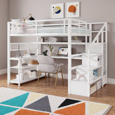 Lit mezzanine double avec rangement pour escalier, garde-robe intégré et lumières DEL AVELOR - Comprend un bureau d'étude et une station de recharge
