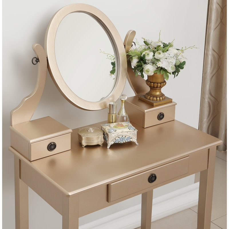 Luminous Gold Makeup Vanity Table And Stool, 3 Drawer Storage, Adjustable Oval Mirror Sparkly Drawers,, Gold