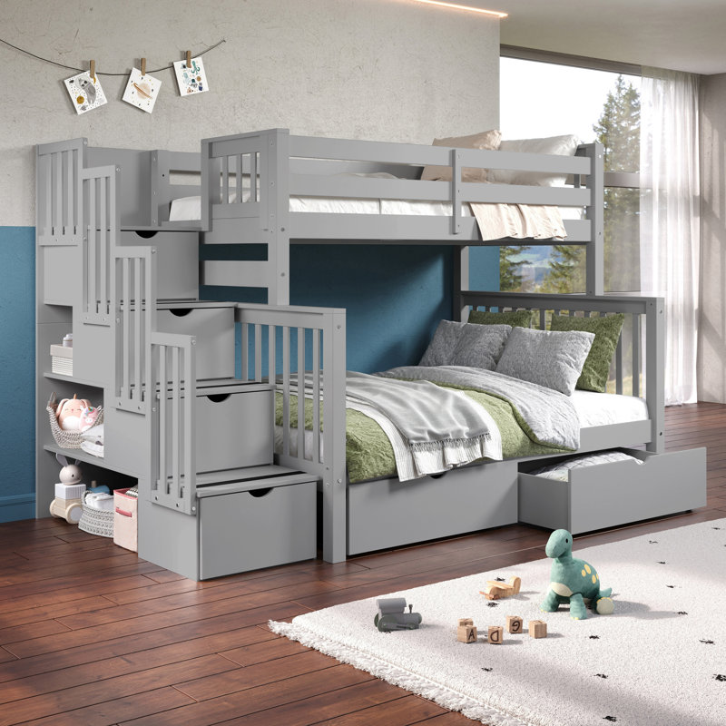 Tena Solid Wood Standard Stairway Bunk Beds Twin over Full, 4 Drawers in the Steps, 2 Under-Bed Drawers, Gray, Light Gray