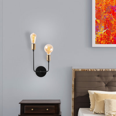 Élégante lampe murale noire, corps en fer, 8,3 po x 6,3 po | Hauteur: 14,2 po, plaque de base: 4,7 po de diamètre x 1,2 po de hauteur | 2 x douilles E27, 40 W maximum | Design glamour, parfait pour les intérieurs modernes