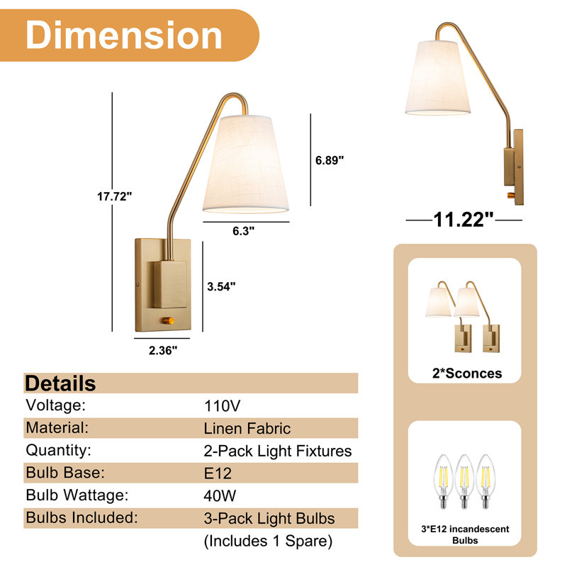 Aileth 1-Light Dimmable Cotton-Linen Fabric Armed Wall Sconces (Set of 2), Gold