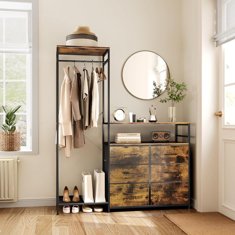 Organisateur de garde-robe autoportant pour suspendre les vêtements, support à vêtements avec banc à chaussures, support à vêtements robuste avec lumière DEL