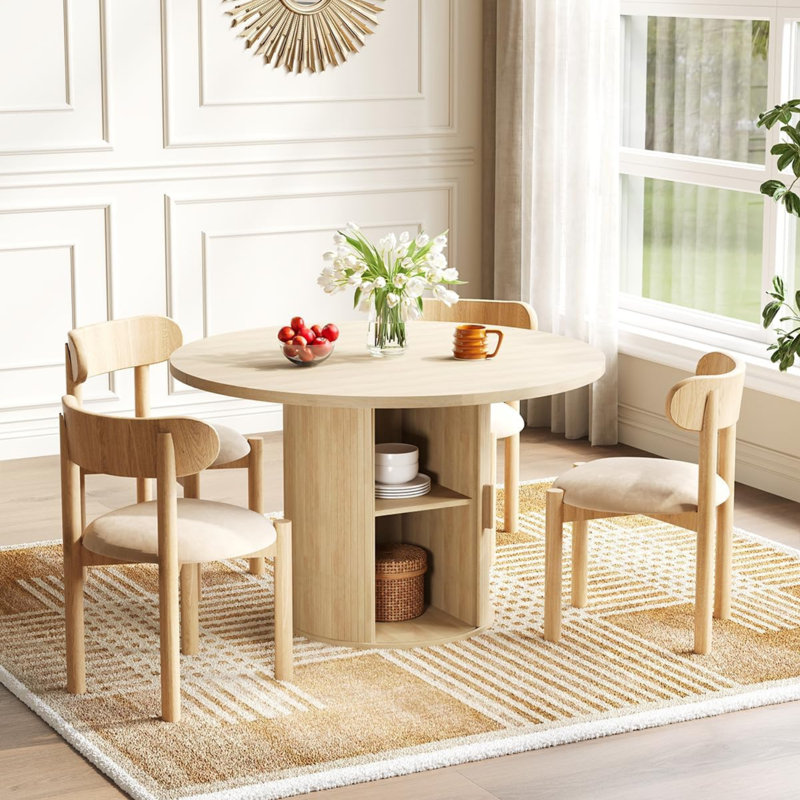 47-Inch Round Dining Table With Storage, Natural Wood