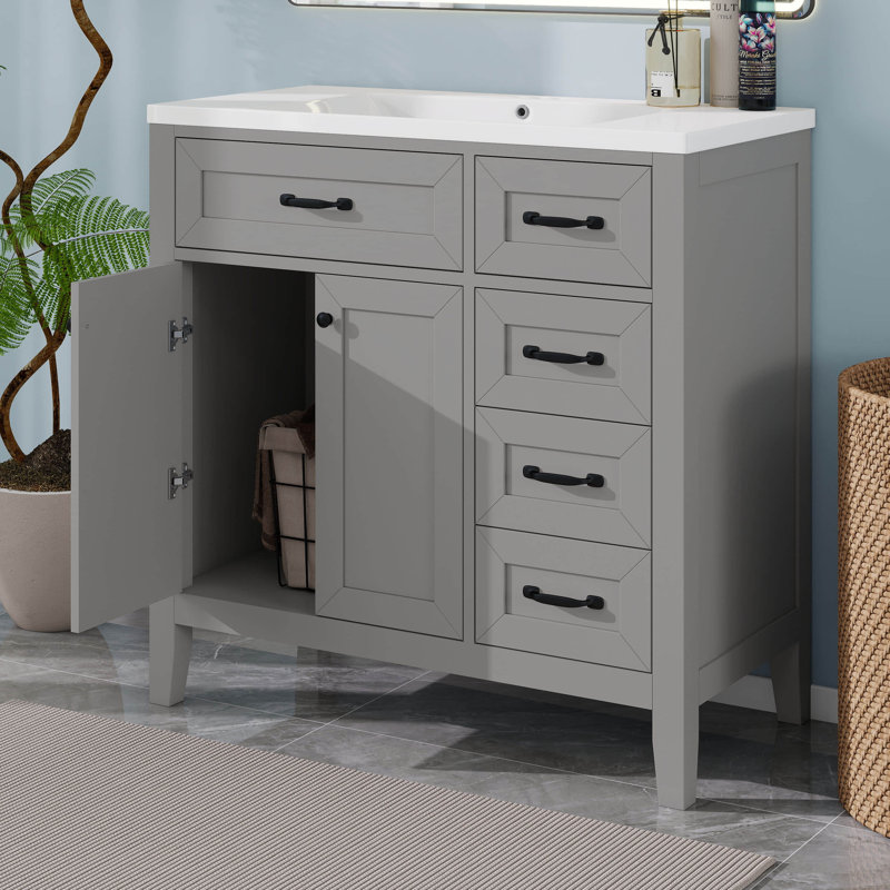 Meuble-lavabo 36 po sans lavabo, base d'armoire seulement, armoire de salle de bain avec tiroirs, structure solide et panneau de fibres à densité moyenne