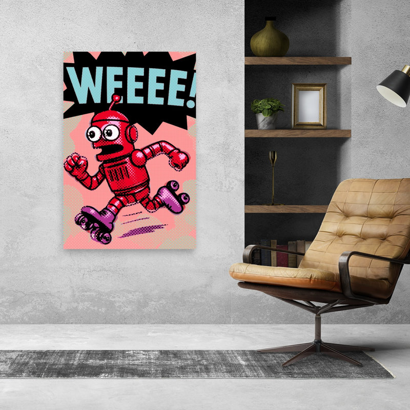 Running Pop Art Robot Energetic Playful Retro Wall Art Print 1 Piece Wrapped Canvas Wall Art, 121.92cm H x 81.28cm W