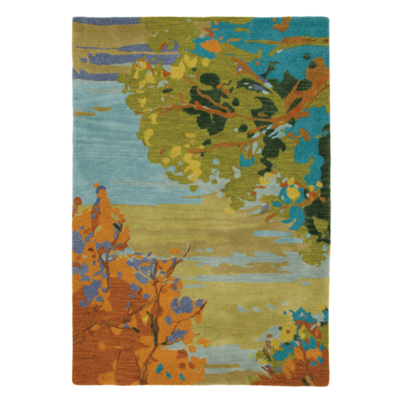 Landscape Floral Handmade Tufted Wool Teal/Yellow/Blue Area Rug, Rectangle 4' x 6'