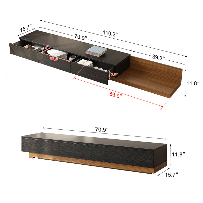 Carmavy Extendable TV Stand For Tvs Up To 85'' With Storage Drawers, Matte Black/Walnut