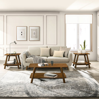 Table basse 3 en finition noyer, style moderne du milieu du siècle, avec étagères de rangement fonctionnelles.