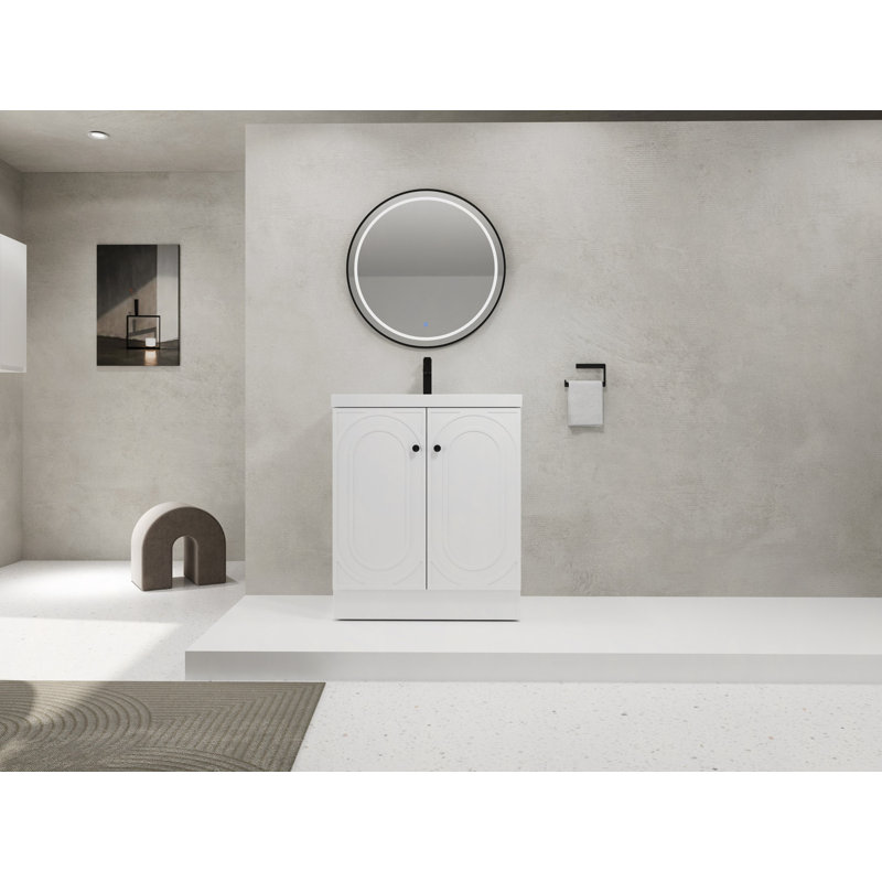 Lavabo de salle de bain autoportant 30 po en résine blanche et 2 portes d'armoire à fermeture en douceur (emballage KD)
