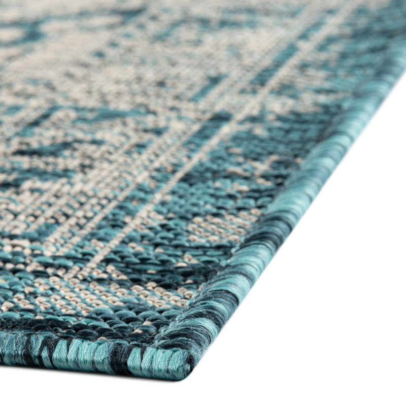 Tapis bleu sarcelle intérieur / extérieur Amhlaidh Southwestern, Tapis de couloir 2 pi x 6 pi