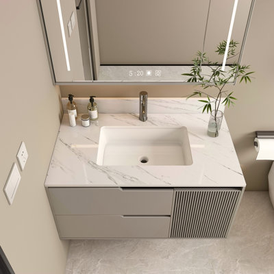 Comptoir de meuble-lavabo en marbre 37 po, comptoir blanc avec 1 trou pré-percé, comptoir de salle de bain avec lavabo central rectangulaire encastré et dosseret de 4 po de hauteur, Bianco Carrara Venato