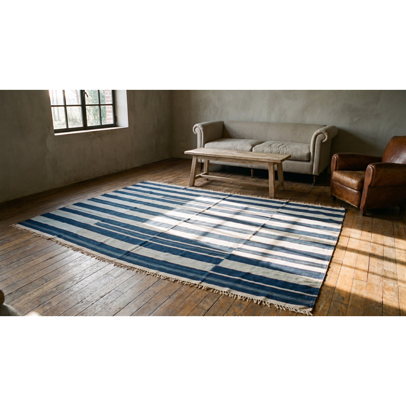 Blue and White Stripes Antique Indian Room Size Flatwoven Cotton Dhurrie Rug
