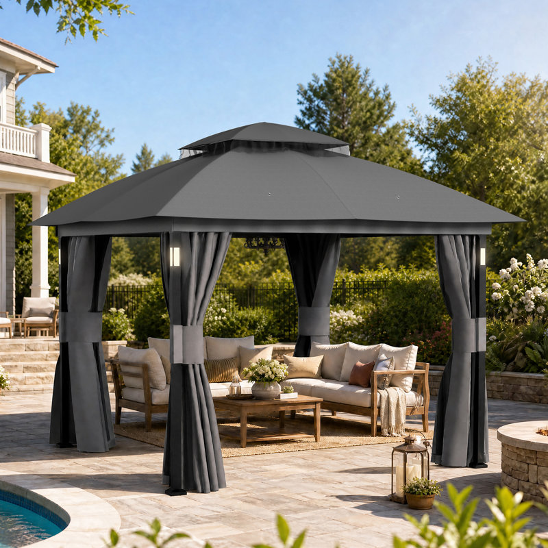 Pavillon de jardin à toit souple en acier à double toit avec éclairage DEL et haut-parleur Bluetooth, Gris, P 10 pi x l 10 pi