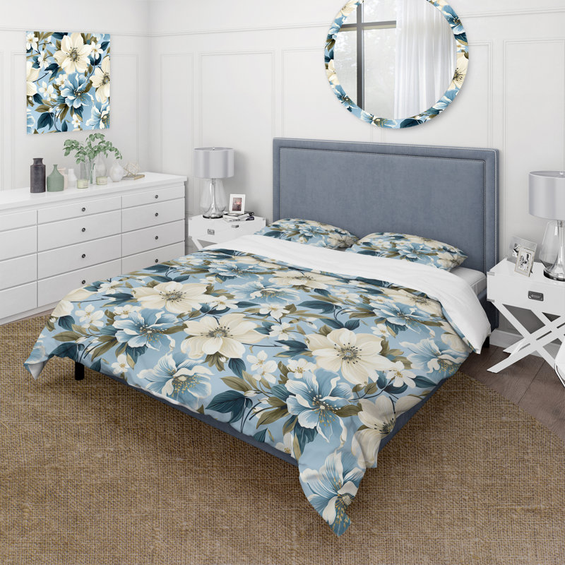 Ensemble de housse de couette à motif floral bleu rétro Romance Floral II, Housse de couette simple + 1 taie décorative stan