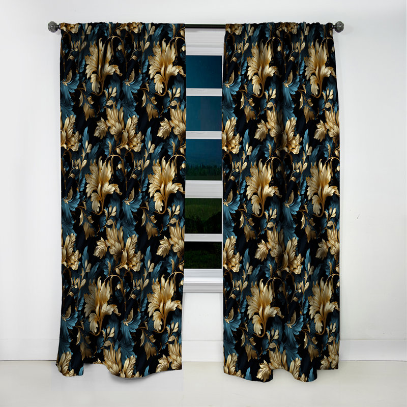 Bleu foncé et doré Techno Damask Realm IV - Rideau damassé - Rideau occultant - 1 panneaux, L 52 po x L 95 po