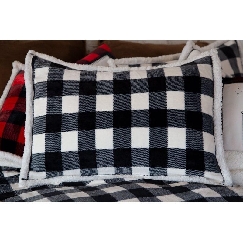 King Black and White Plaid Bedspread Set with Sherpa Back