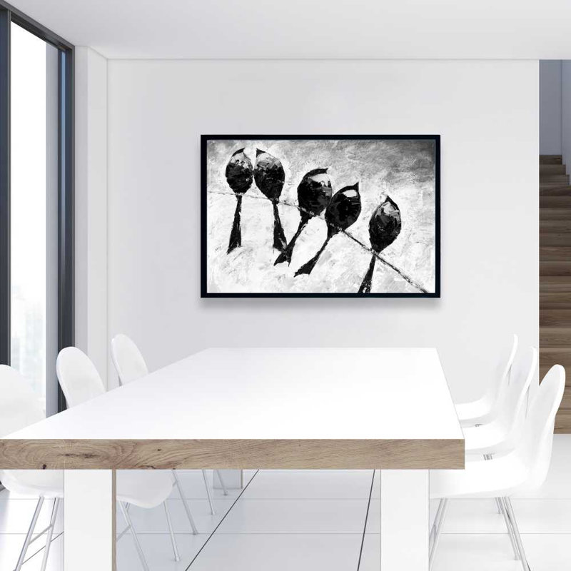 Five Birds Perched - Gray Feathers Framed Canvas Decor